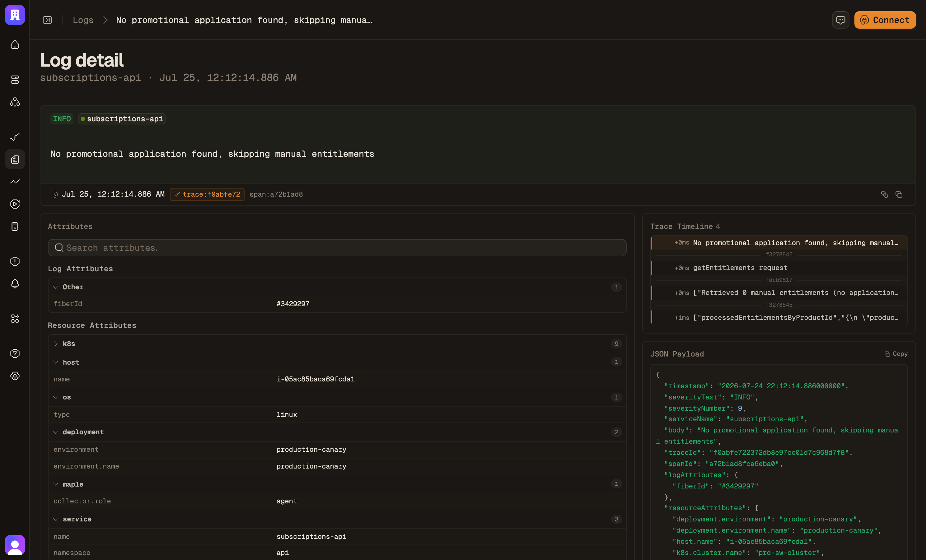 A log detail with linked trace and span IDs, correlated events and full resource attributes